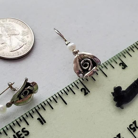 PZ ISRAEL Sterling Rose Earrings with White Cultured Pearl 1.25”L - Picture 14 of 15